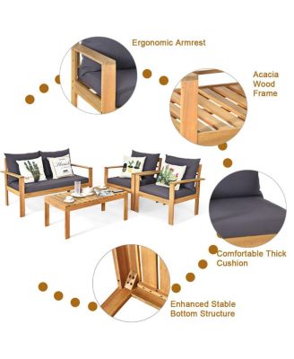 Outdoor 4 Pieces Acacia Wood Conversation Sets with Water Resistant Cushions