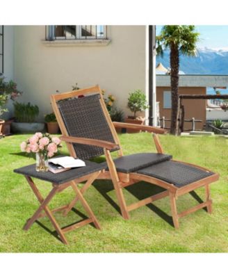 2 Pieces Patio Rattan Folding Lounge Chair with Acacia Wood Table
