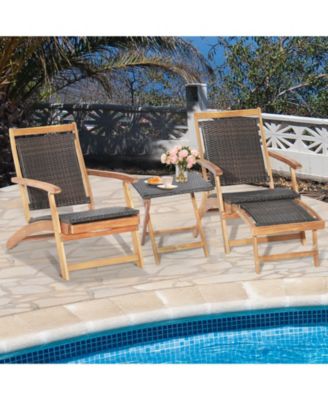 2 Pieces Patio Rattan Folding Lounge Chair with Acacia Wood Table