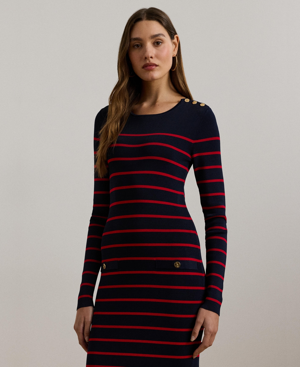 Lauren Ralph Lauren Women's Striped Button-Trim Midi Dress -festive Red