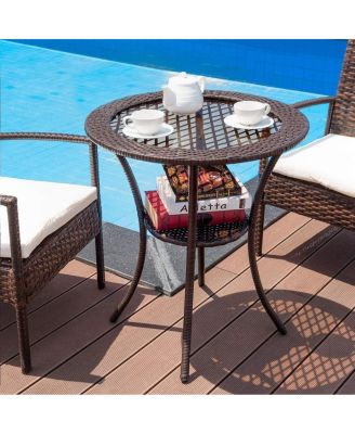 Round Rattan Wicker Coffee Table with Lower Shelf