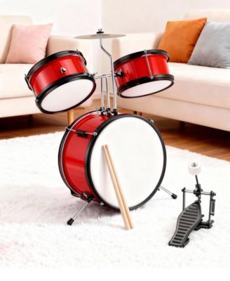 3-Piece Kids Drum Set with Adjustable Stool, Bass Pedal & Cymbal – Realistic Junior Drum Kit for Ages 3+