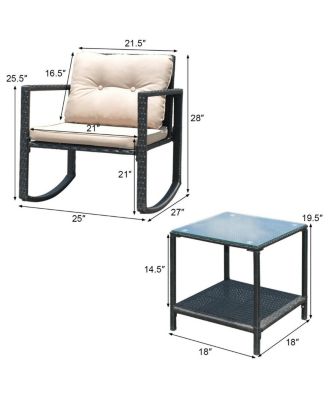 3 Pieces Cushioned Patio Rattan Set with Rocking Chair and Table
