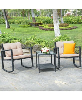 3 Pieces Cushioned Patio Rattan Set with Rocking Chair and Table