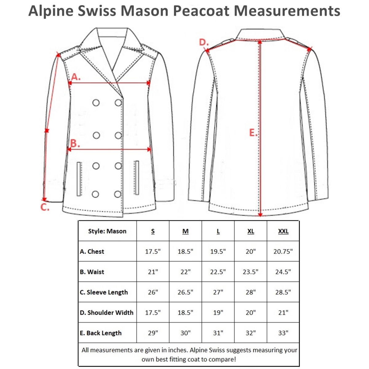 Alpine Swiss Men's Mason Wool Blend Pea Coat Jacket Double Breasted Dress Coat