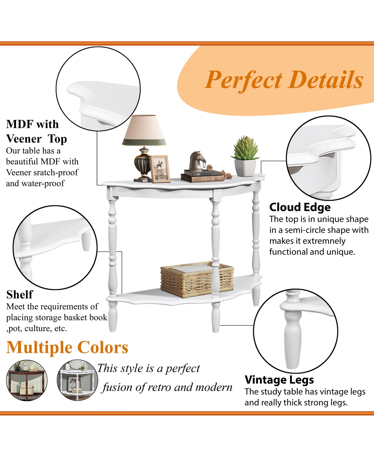 Slickblue 42'' Retro Circular Curved Half-Moon Console Table; Stylish Cloud Design with Open Shelf