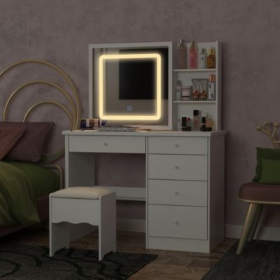 5-Drawers White Makeup Vanity Sets Dressing Table Sets with LED Dimmable Mirror, Stool and 3-Tier Storage Shelves
