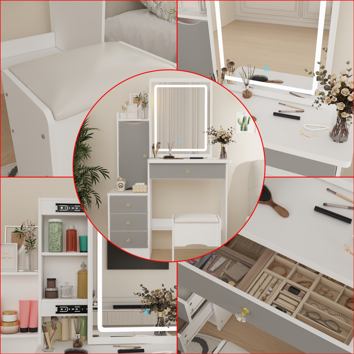 Homsee 4-Drawers Black Wood Led Sliding Mirror Makeup Vanity Sets Dressing Table Sets with Stool, Door Cabinet, Shelves