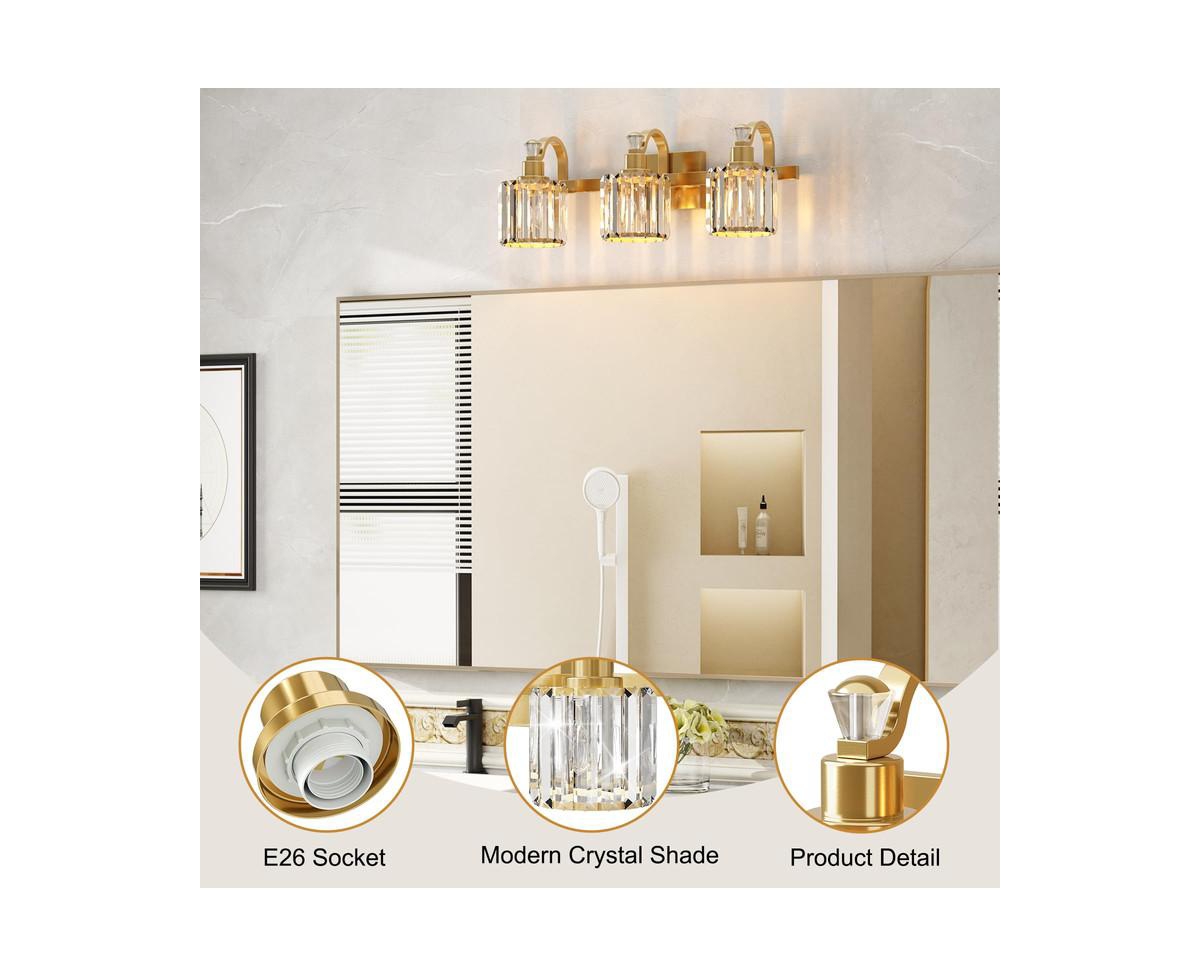 gaomon CrystalBathroom Vanity Light 3 Light Modern Bathroom Vanity Light Fixtures Over Mirror Modern Crystal Vanity Lighting - Gold