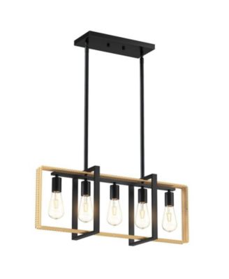 5-Light Farmhouse Kitchen Island Pendant, Adjustable Rattan & Metal Fixture with Remote for Dining Room, Table, or Kitchen Island.