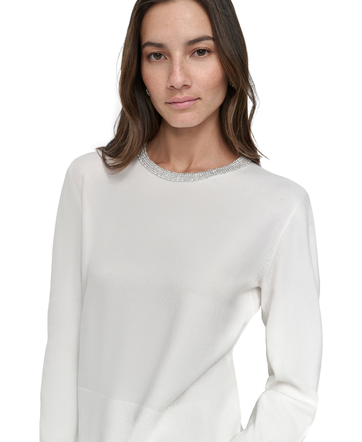 Shop Dkny Jeans Petite Embellished Trim Sweater Top In Ivory