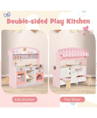Double-Sided Kids Play Kitchen Set with Canopy and 2 Seats
