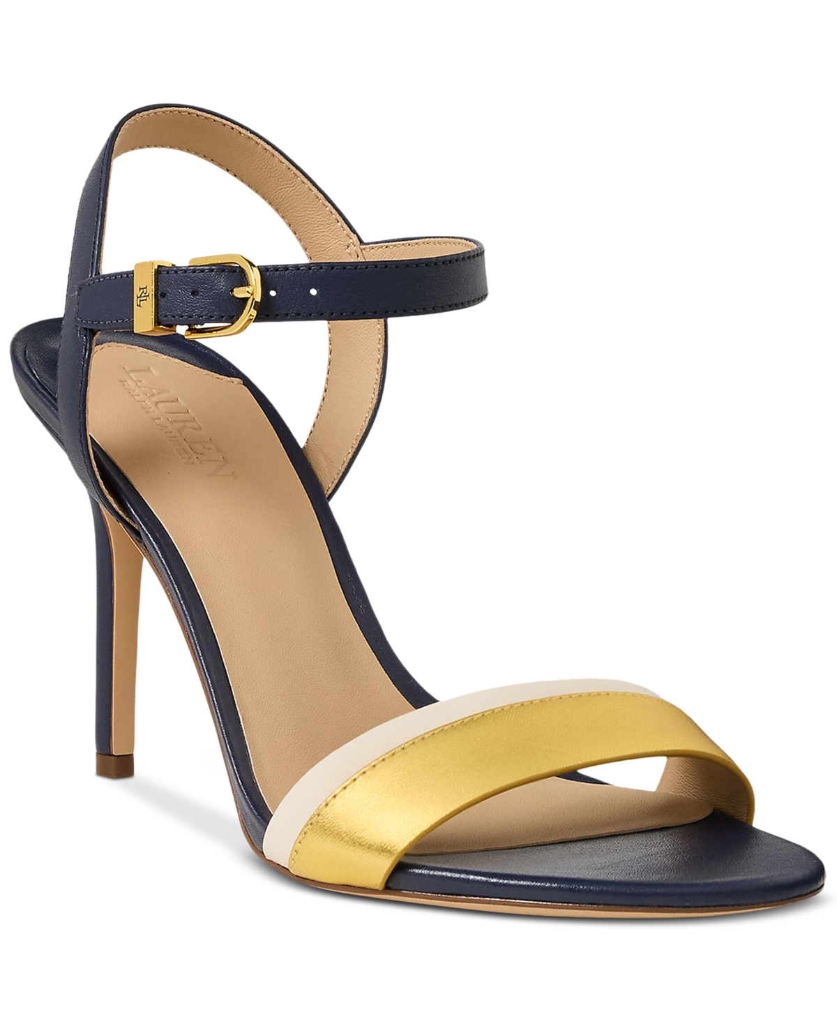 Ralph Lauren Women's Gwen Ankle-strap Dress Sandals In Refined Navy,modern Gold,white