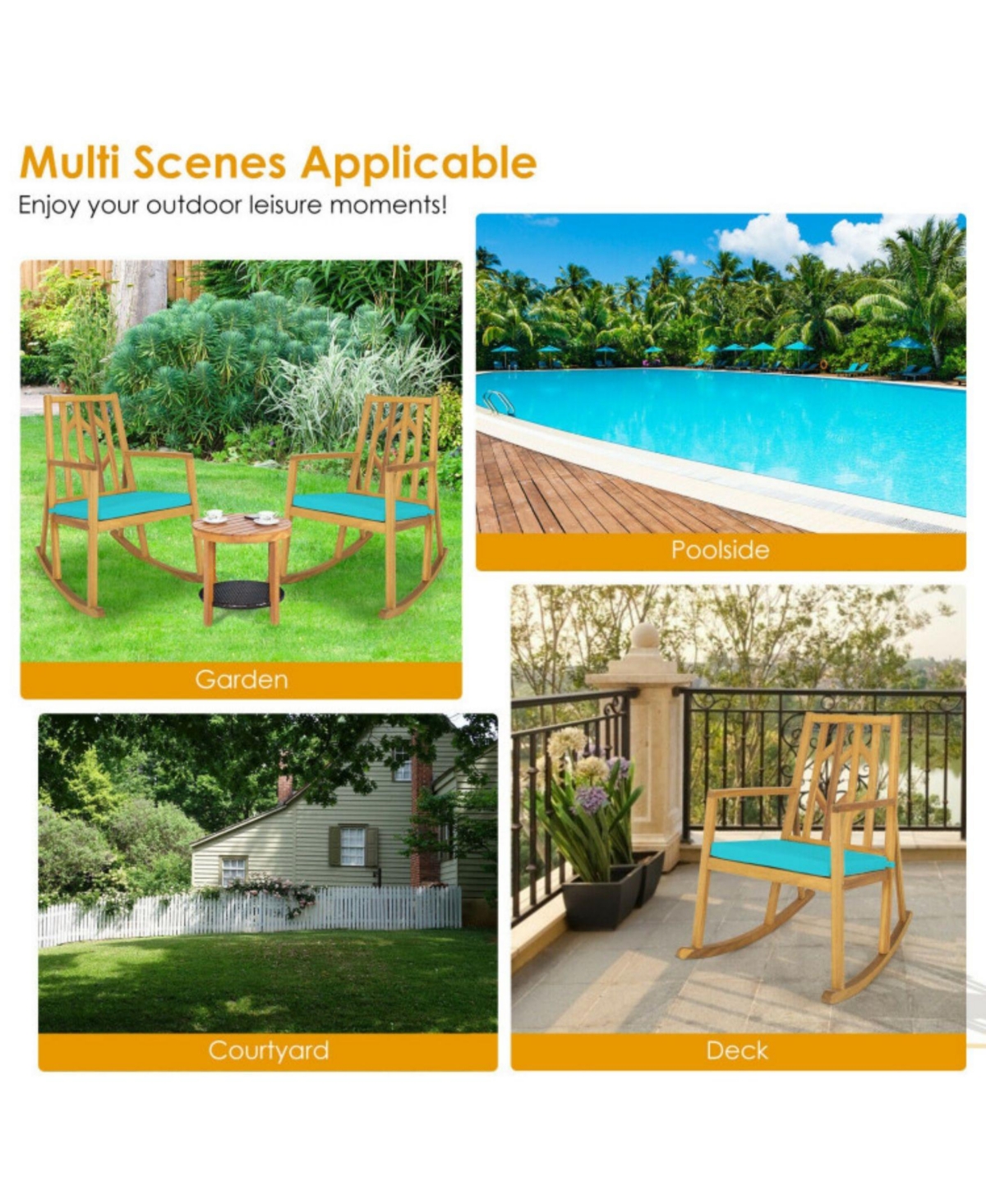 Sugift Patio Acacia Wood Rocking Chair Sofa with Armrest and Cushion for Garden and Deck