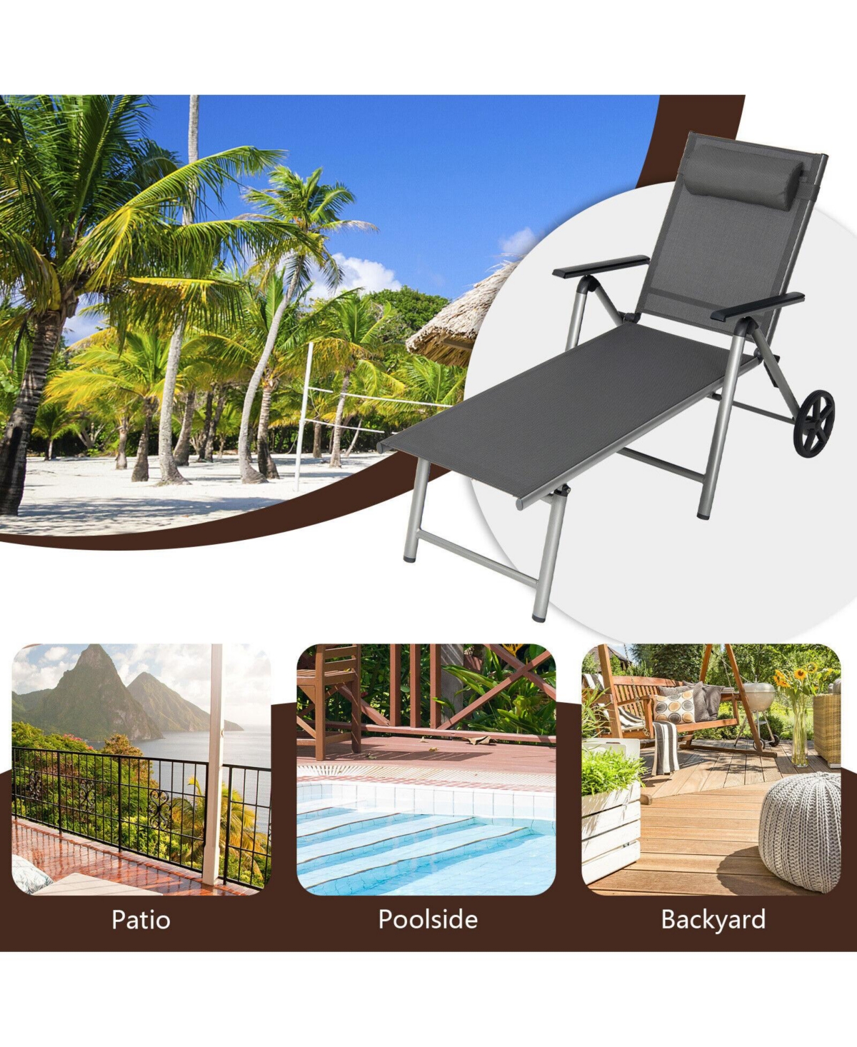Sugift Adjustable Patio Folding Chaise Lounge Chair with Wheels
