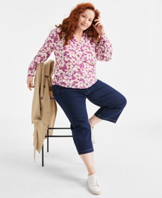 Plus Size Johnny-Collar Long-Sleeve Top, Exclusively at Macy's