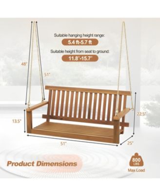 2-Seat Acacia Wood Porch Swing Bench with 2 Hanging Hemp Ropes