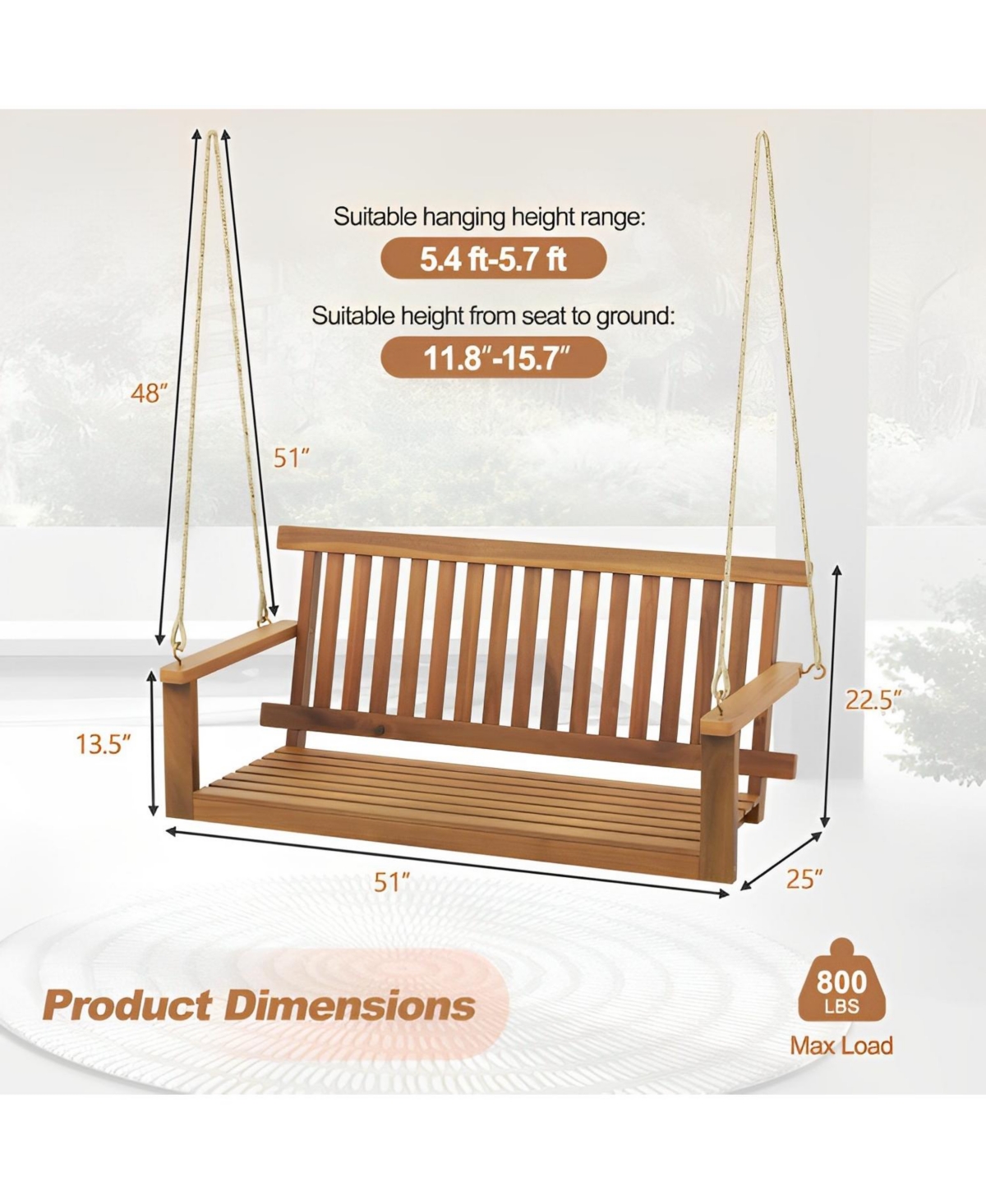Sugift 2-Seat Acacia Wood Porch Swing Bench with 2 Hanging Hemp Ropes