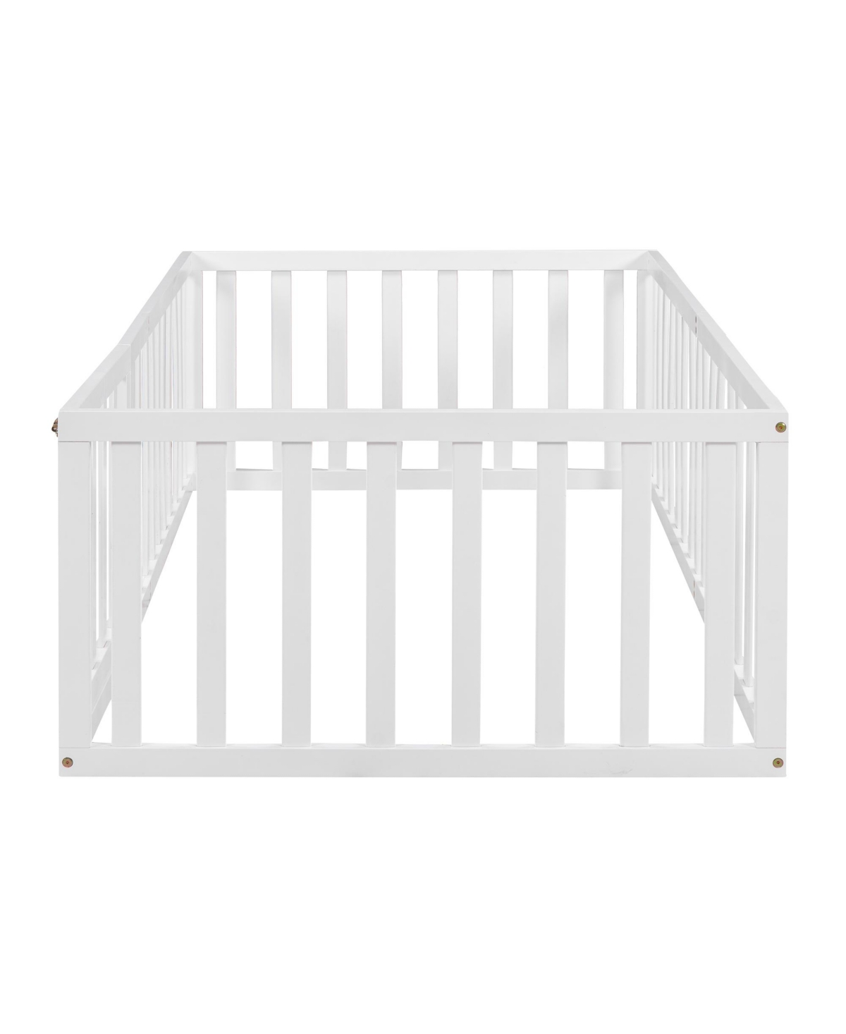 Twin Size Wood Floor Bed Frame with Fence and Door for Kids