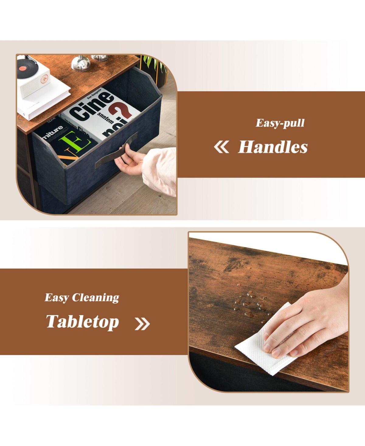 Sugift Height Industrial Nightstand with 2 Pull-out Fabric Drawers