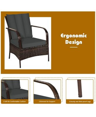 3 Pieces Patio Rattan Conversation Set with Glass Top Coffee Table and Cushions