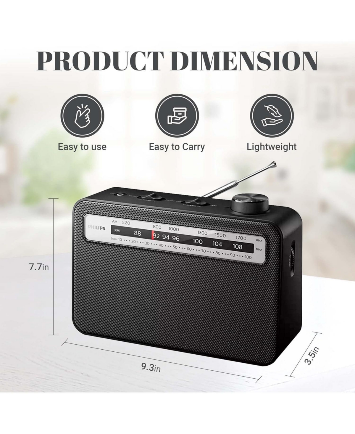 Philips Portable Am/Fm Radio with Speaker, Battery Operated, Compact Design, Analog Tuning, and Headphone Jack -- Black