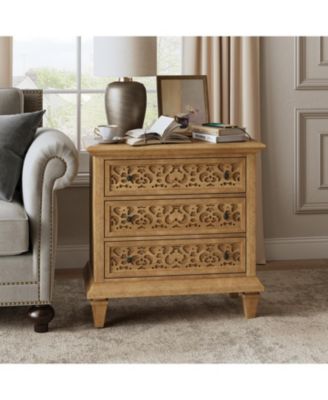 Talona 29'' W Transitional Carved 3 - Drawer End Table with Built-In Outlets and Solid Wood Legs