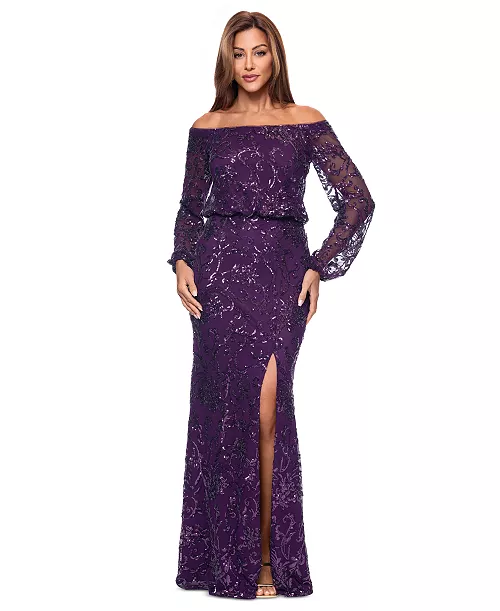 petite sequin off-the-shoulder side-slit gown