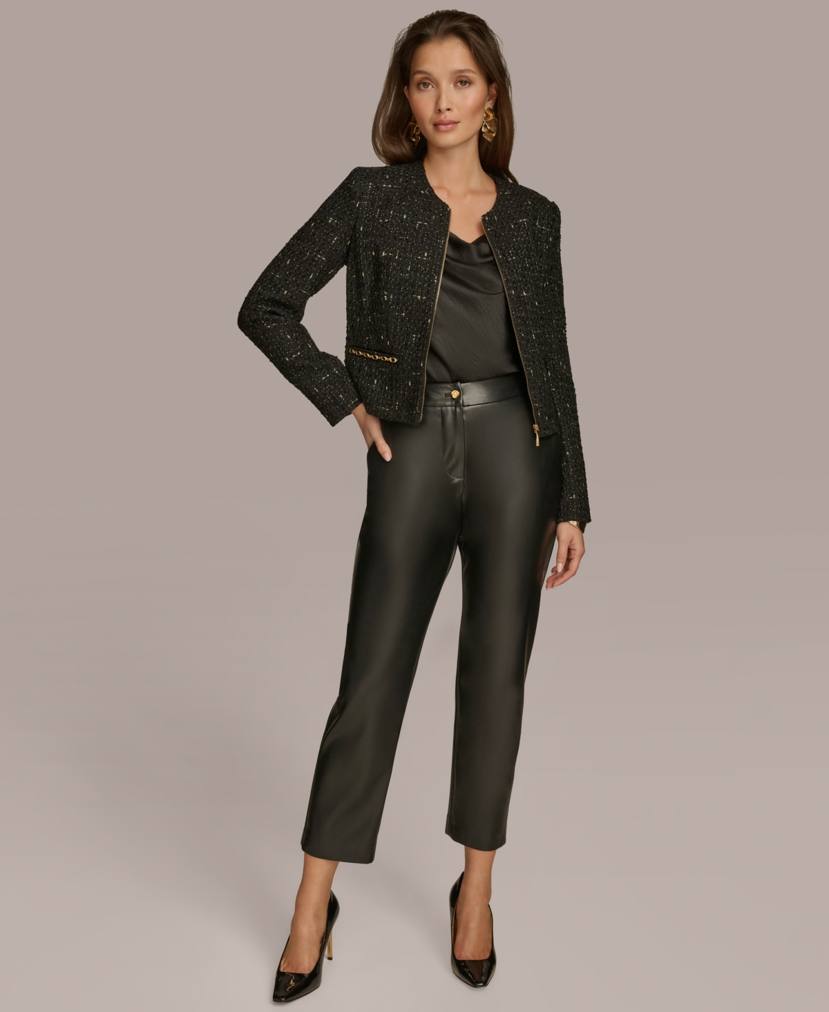 Donna Karan New York Women's Zipper-Front Tweed Jacket -gold
