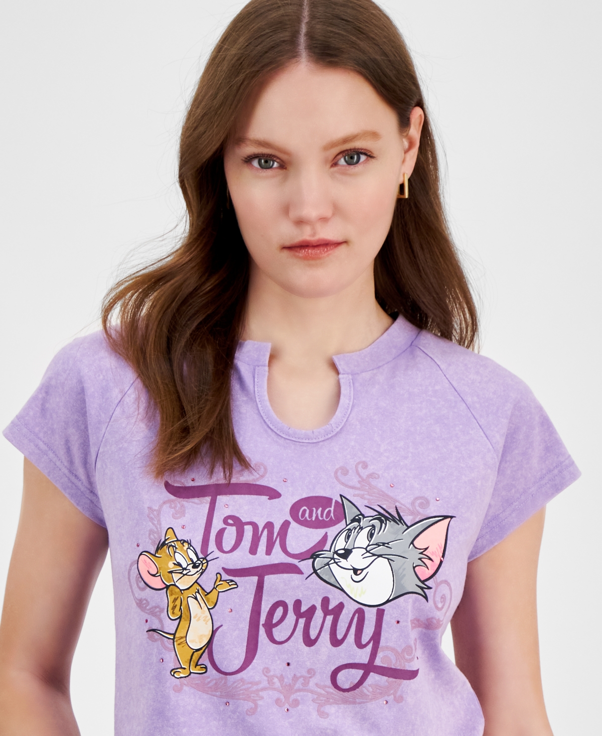 Shop Freeze 24-7 Juniors' Tom & Jerry Embellished Raglan Baby Tee In Purple