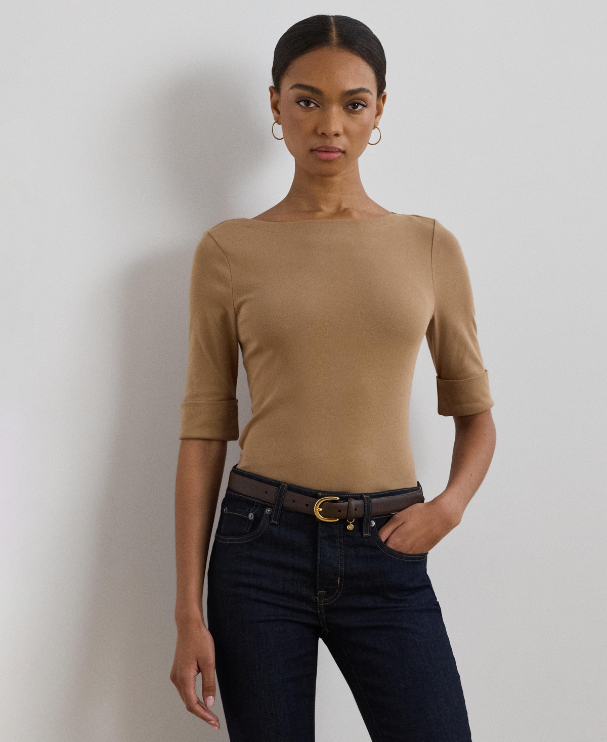 Shop Ralph Lauren Stretch Cotton Boatneck T-shirt In Classic Camel