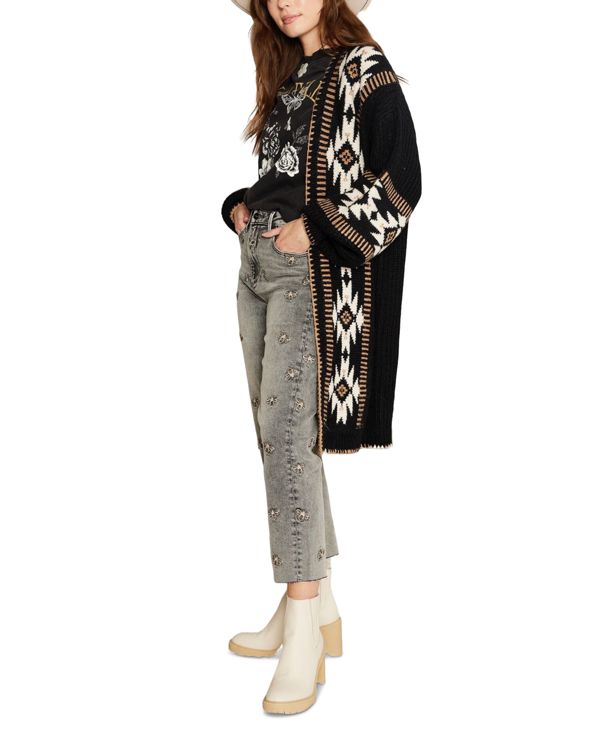 Driftwood Women's Whipstitched Geo-Print Cardigan -white