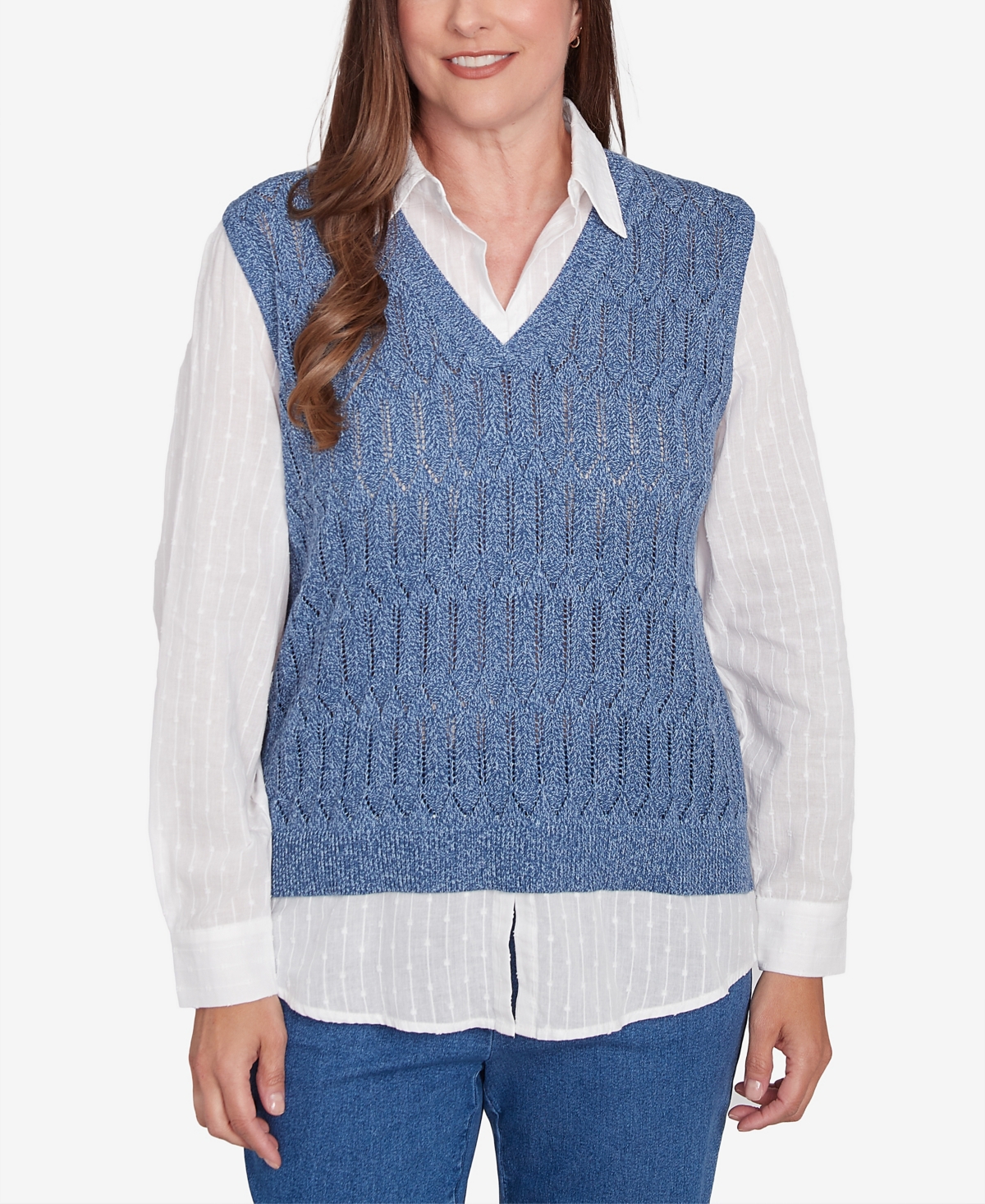 Petite Collared Vest Two in One Sweater - Blue