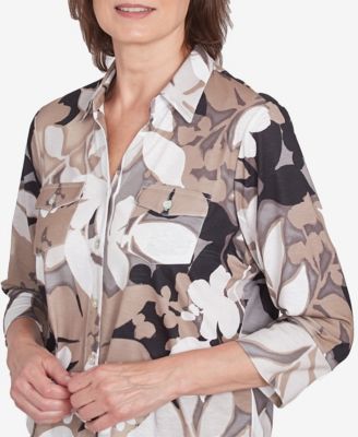 Alfred Dunner Petite Shadow Leaf Print Button Front Top