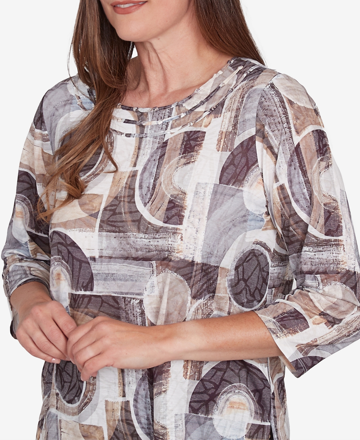 Alfred Dunner Petite Geometric Patch Print Top In Neutral Multi