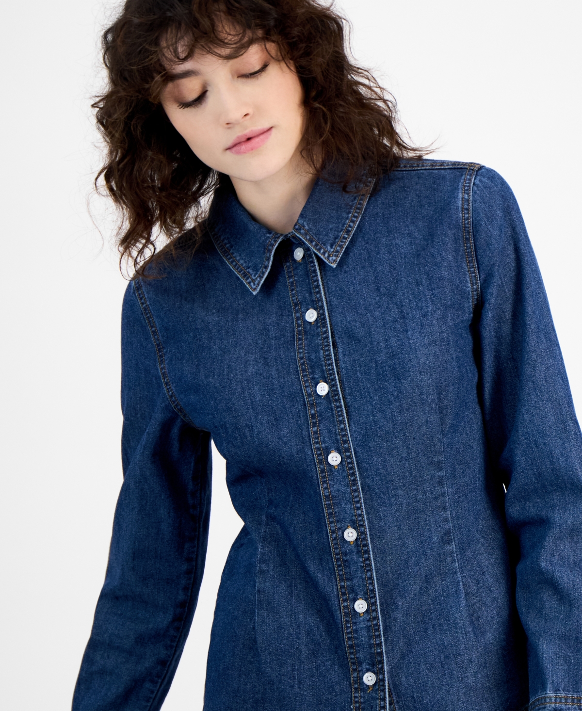 AND NOW THIS WOMEN'S DENIM PLEAT FRONTLONG-SLEEVE SHIRT 