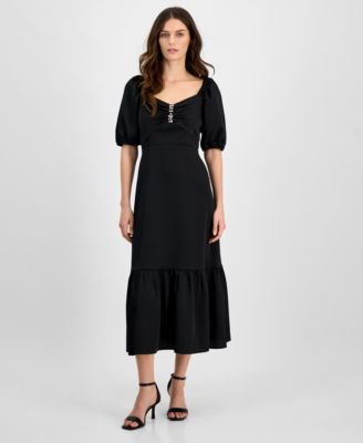 Anne Klein - Women's Rhinestone Puff-Sleeve Midi Dress