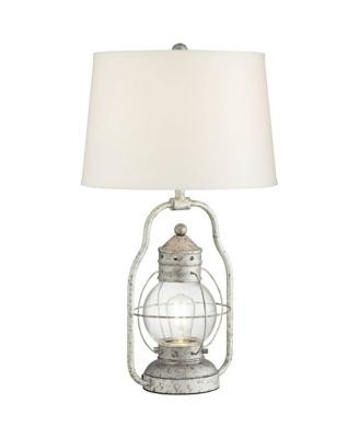 Bodie Rustic Industrial Table Lamp 26" High Distressed Silver with USB Charging Port Nightlight LED Off White Linen Shade for Desk