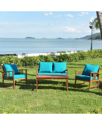 4 Pieces Wooden Patio Sofa Chair Set with Cushion
