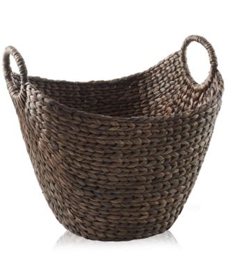 Large Laundry Boat Basket with Handles - Espresso, Woven Water Hyacinth Storage Tote for Blankets, Bathroom, Bedroom, Living Room