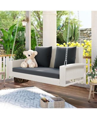 2-Person Wicker Hanging Porch Swing with Chains, Cushion, and Pillows