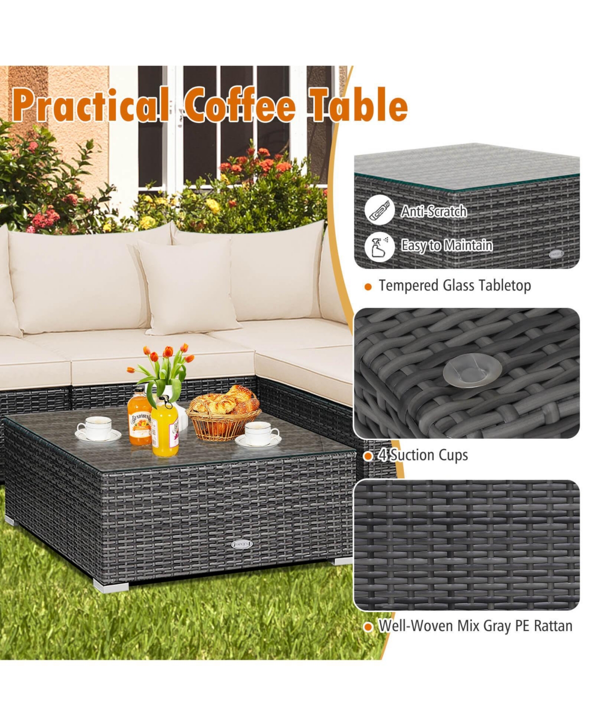 Costway 7PCS Patio Rattan Furniture Set Sectional Sofa Cushioned Garden Peacock -khaki