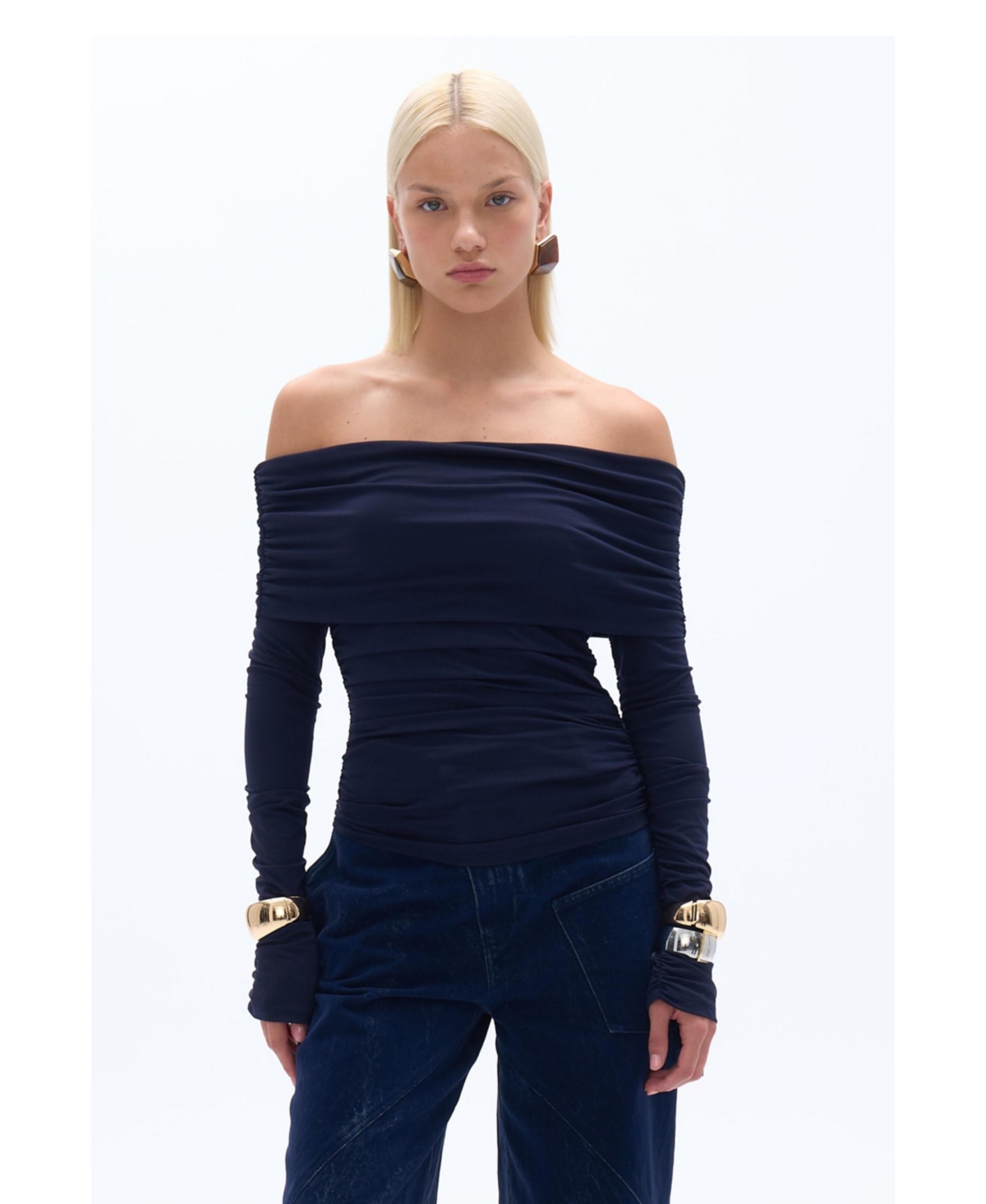 Women's Off Shoulder Blouse with Ruffle Detail - Navy