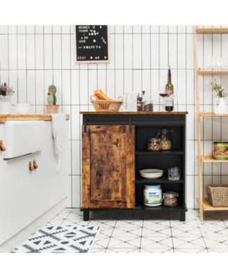 32" Barn Door, 3-Tier Shelves, Detachable Wine Rack, Industrial Style Farmhouse Sideboard Cabinet