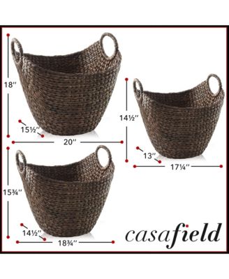 Set of 3 Boat Baskets with Handles - Espresso, Woven Water Hyacinth Storage Organizers for Blankets, Laundry, Bathroom, Bedroom, Living Room