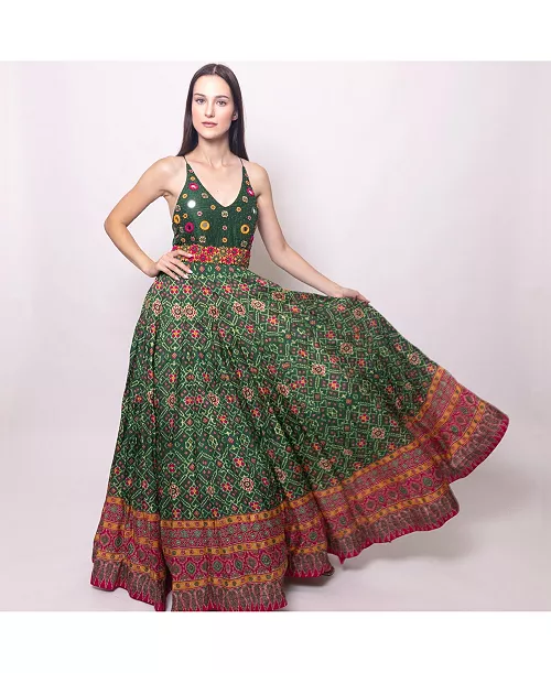 women's green patola print halter long dress