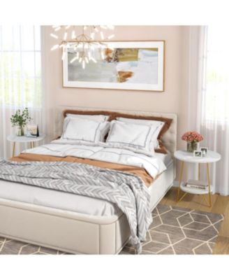 Faux Marble End Table Set of 2, 2 Tier Round Side Table with Shelves, Modern Gold Nightstand Bedside Table Small Coffee Accent Table for Living Room Bedroom, White and Gold