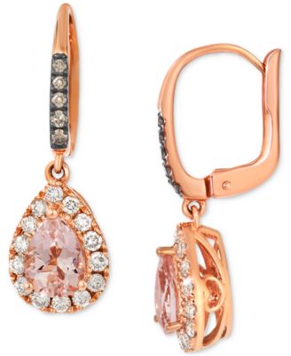 Peach Morganite (1 ct. t.w.), Nude Diamond (3/8 ct. t.w.) & Chocolate Diamond (1/10 ct. t.w.) Teardrop Earrings in 14k Strawberry Gold