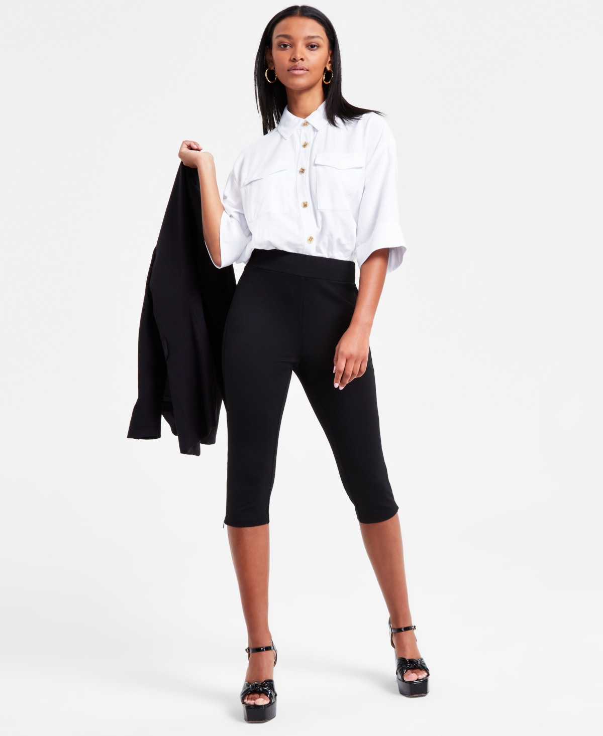 Petite Solid Zipper-Hem Ponte Capri Pants, Exclusively at Macy's - Deep Black