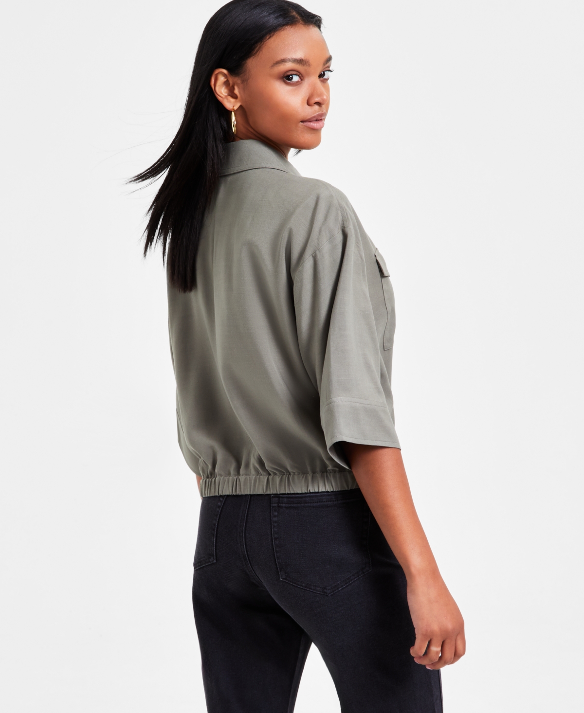 BAR III WOMEN'S 3/4-SLEEVE BUTTON-FRONT CROP BLOUSE, EXCLUSIVELY AT MACY'S 